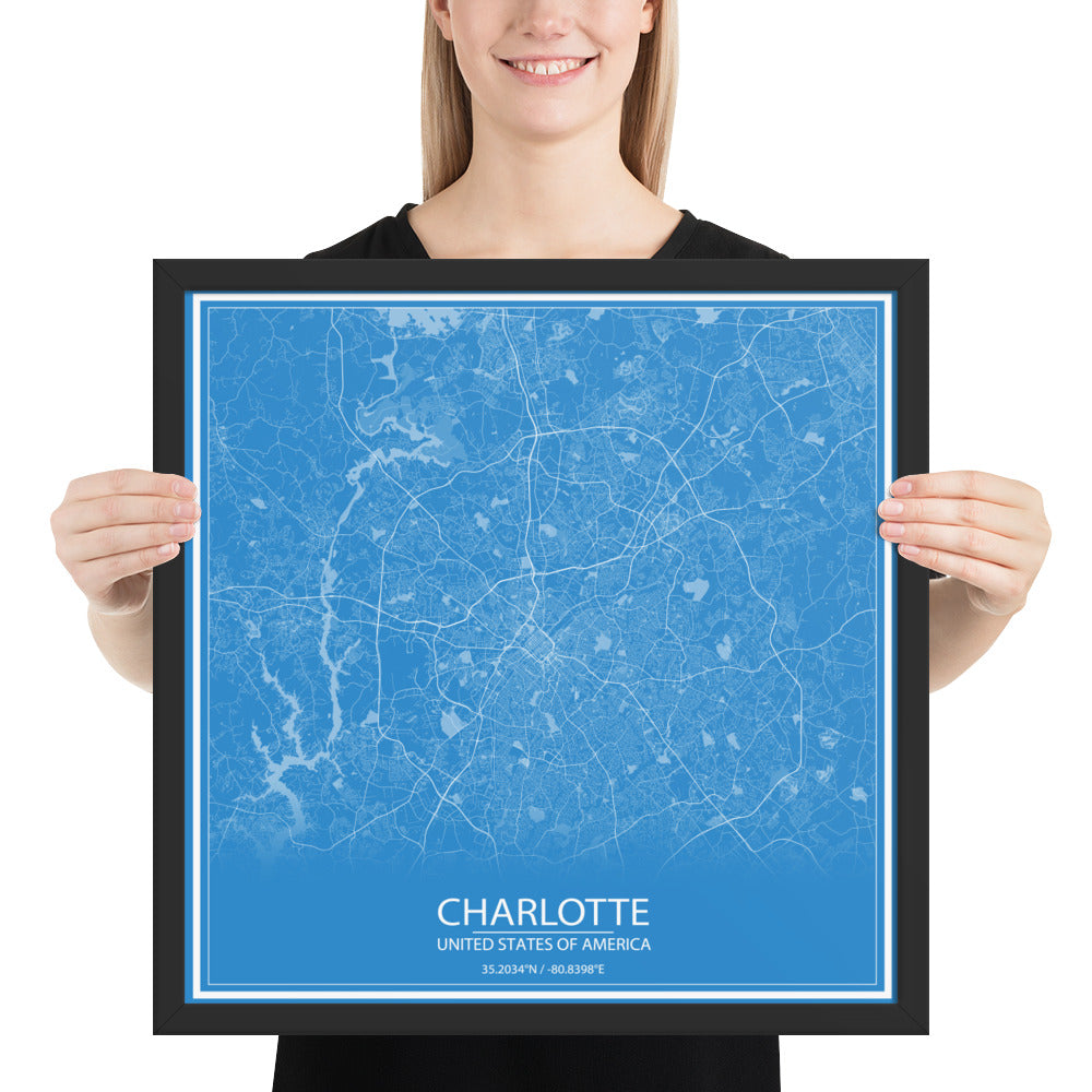 Charlotte Blue and White Framed Map