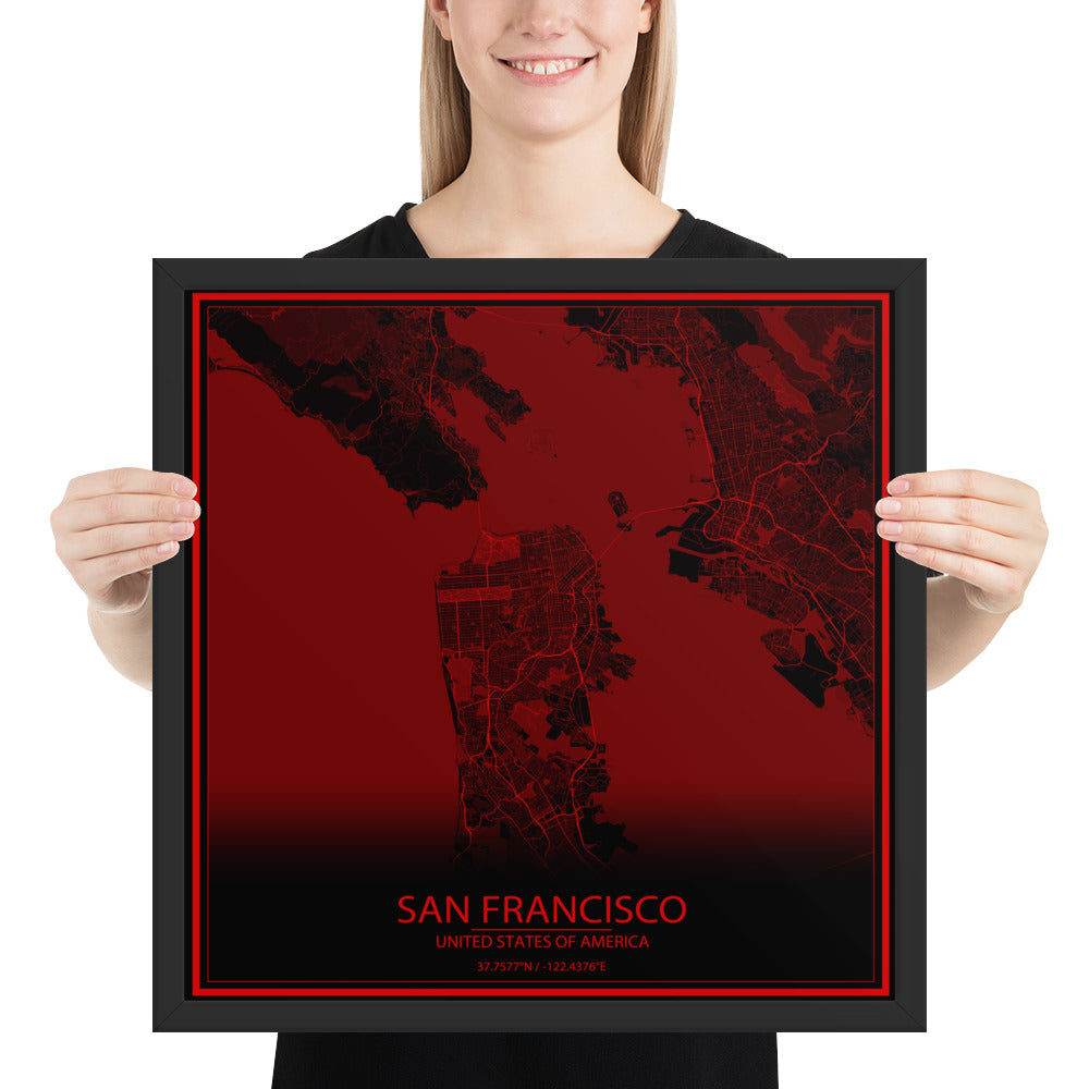 San Francisco Black and Red Framed Map