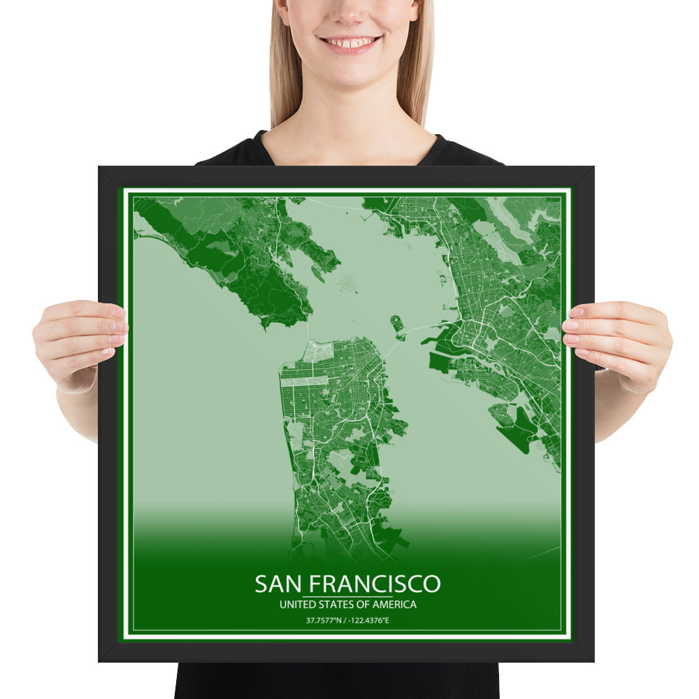 San Francisco Green and White Framed Map