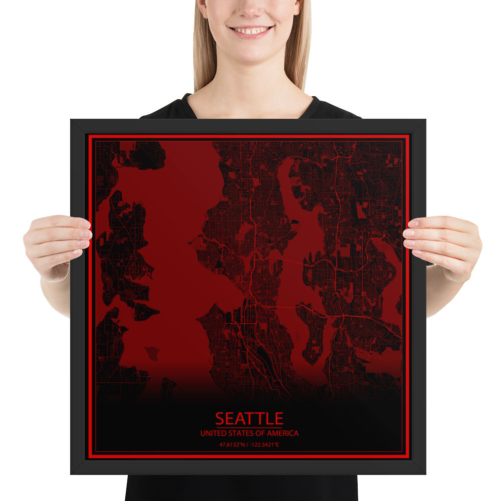 Seattle Black and Red Framed Map