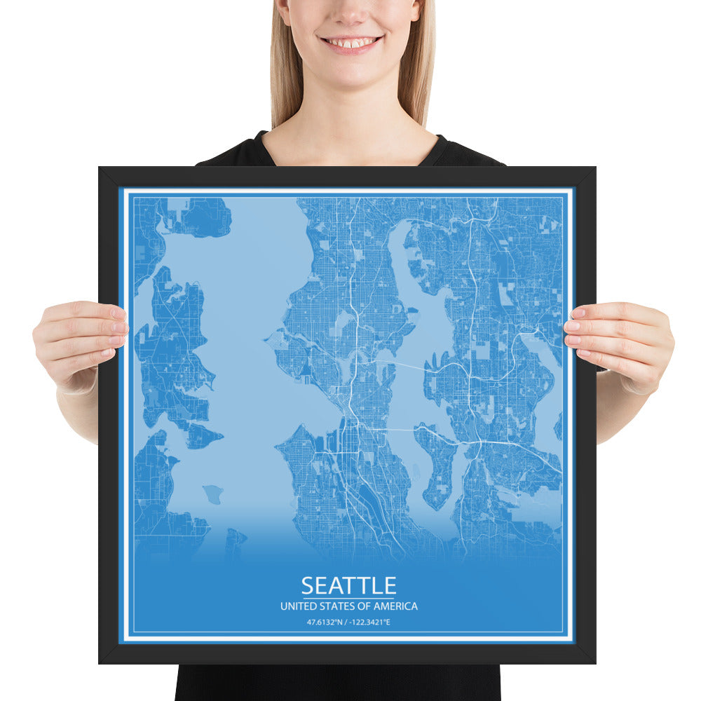 Seattle Blue and White Framed Map