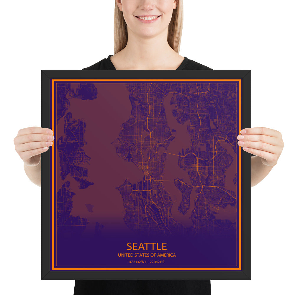 Seattle Purple and Orange Framed Map