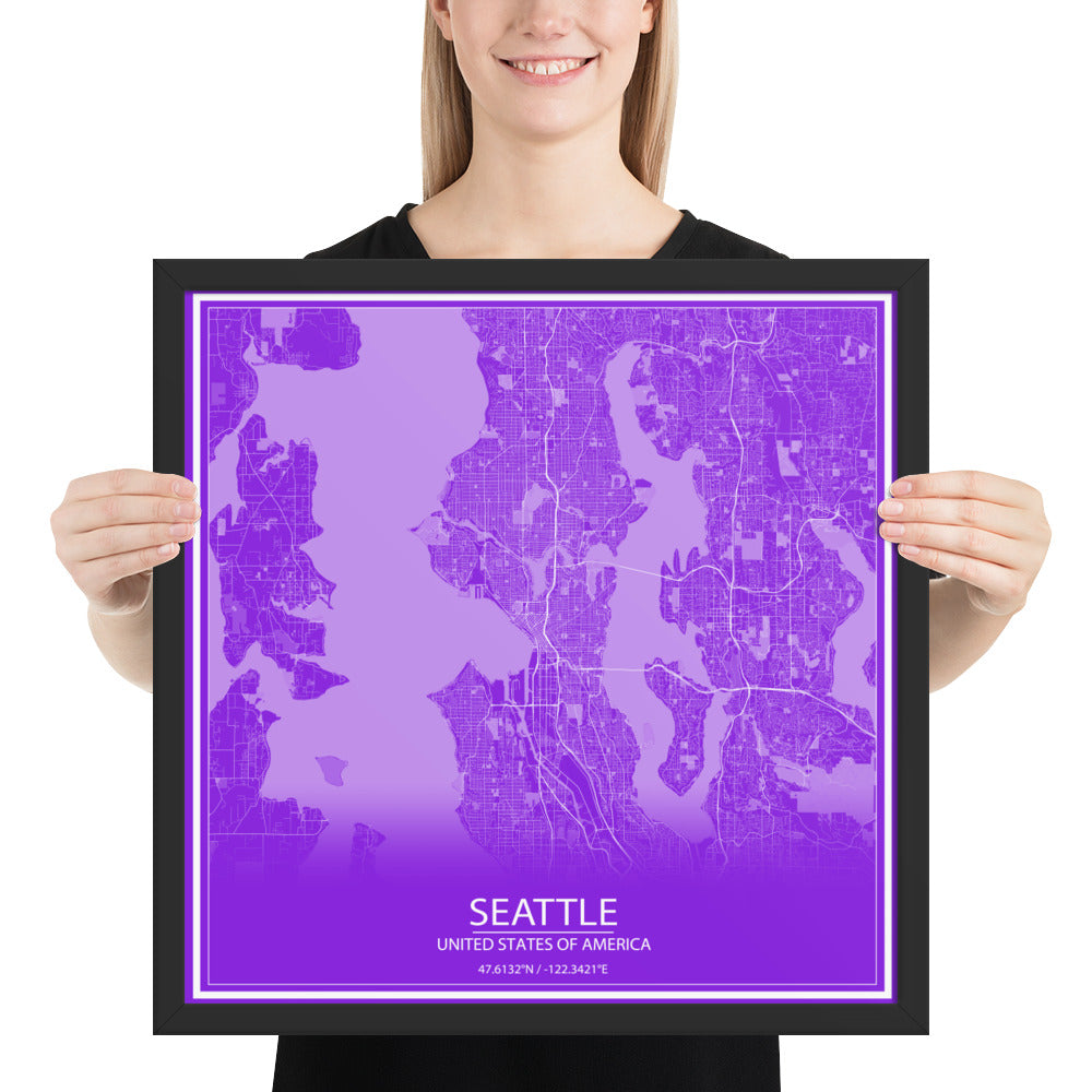 Seattle Purple and White Framed Map