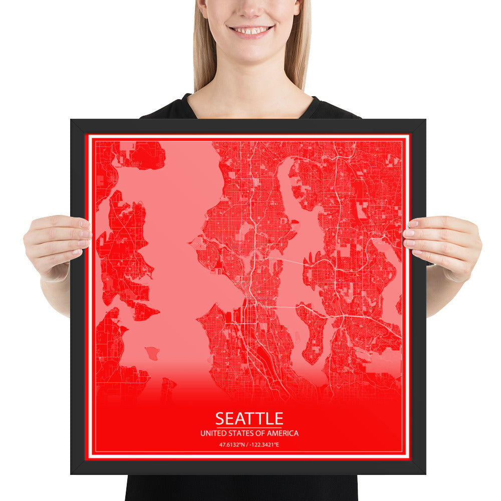 Seattle Red and White Framed Map