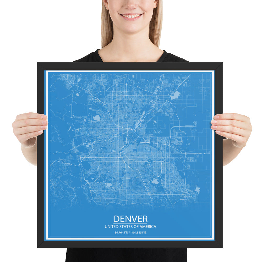 Denver Blue and White Framed Map