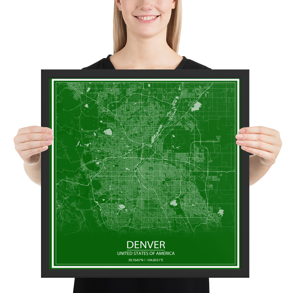 Denver Green and White Framed Map