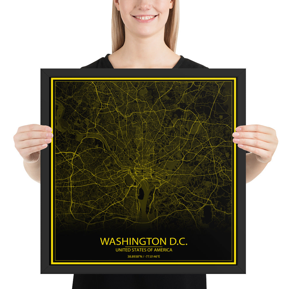 Washington, D.C. Black and Yellow Framed Map