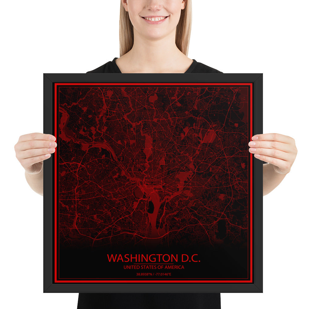 Washington, D.C. Black and Red Framed Map