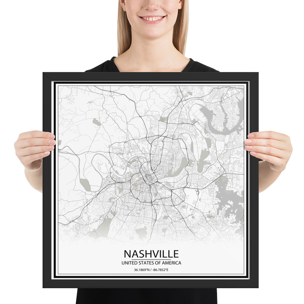 Nashville White Framed Map