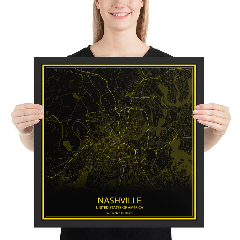 Nashville Black and Yellow Framed Map