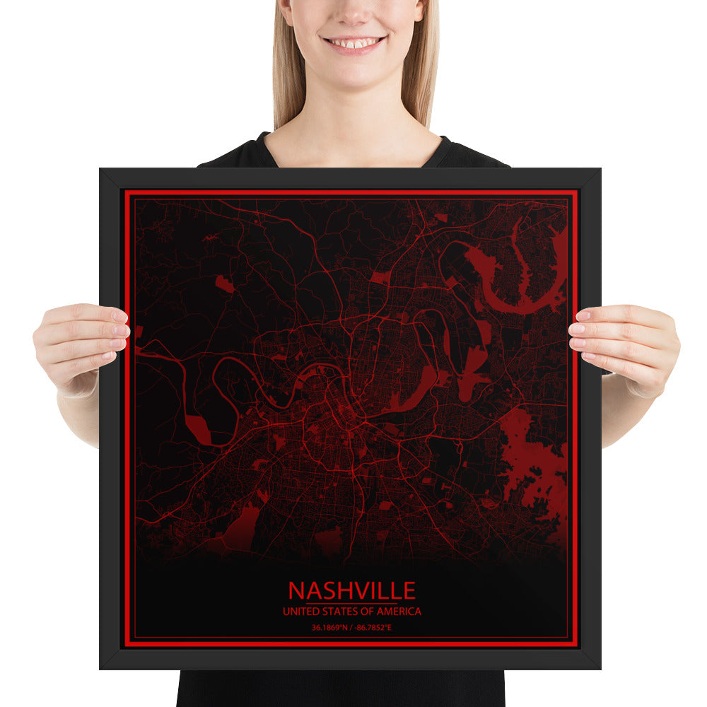 Nashville Black and Red Framed Map