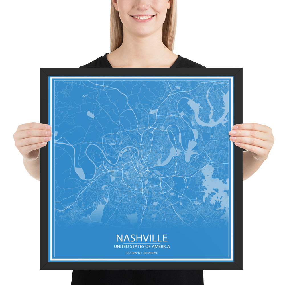 Nashville Blue and White Framed Map