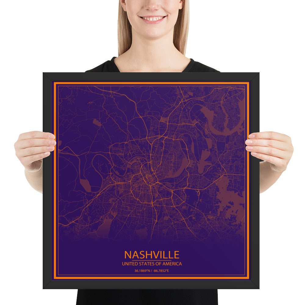 Nashville Purple and Orange Framed Map