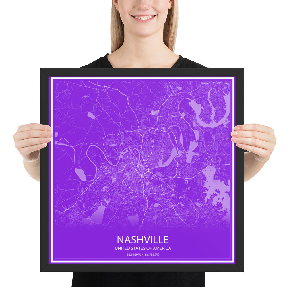 Nashville Purple and White Framed Map