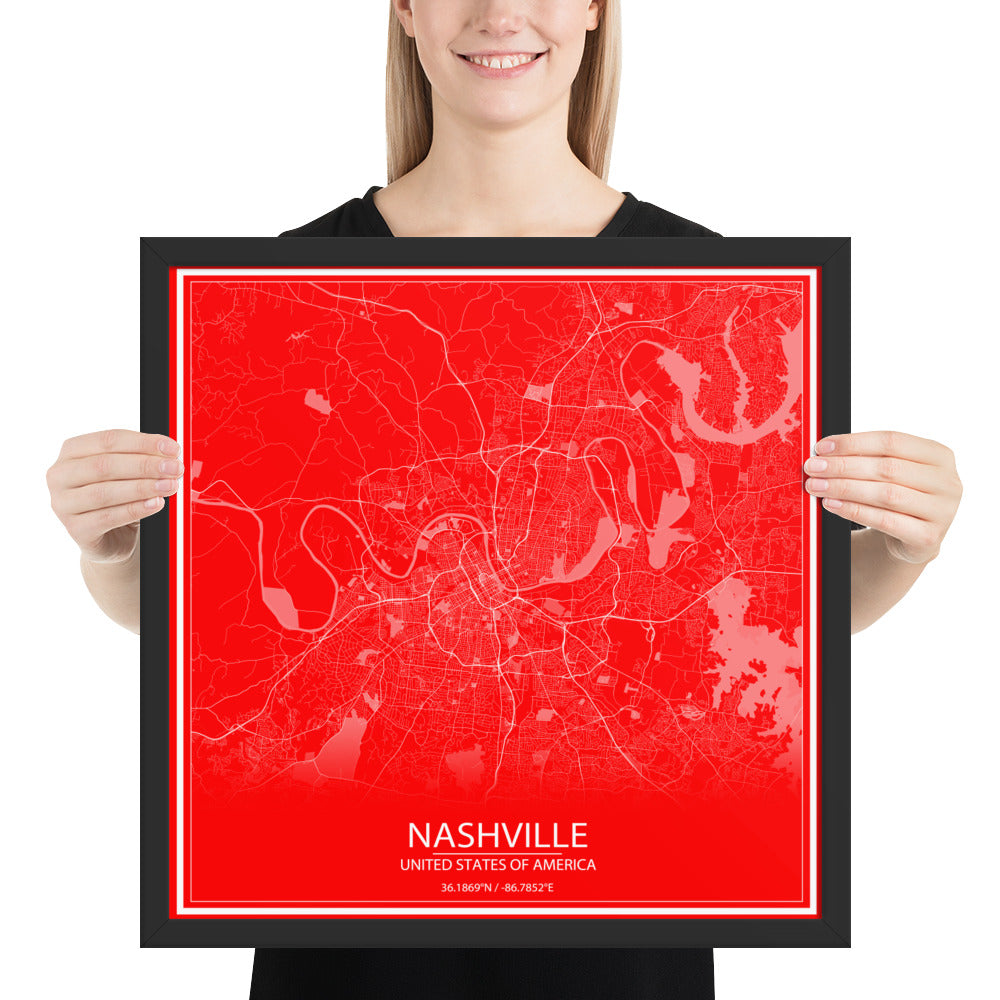 Nashville Red and White Framed Map