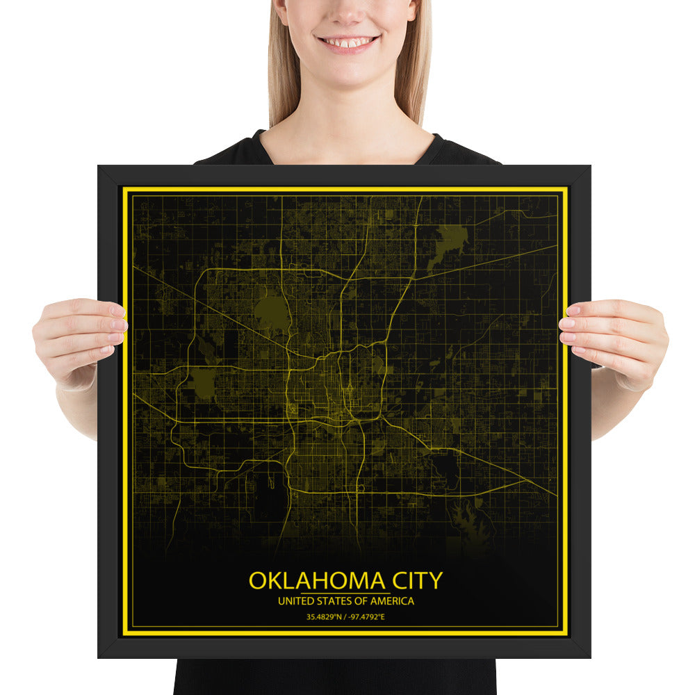 Oklahoma City Black and Yellow Framed Map