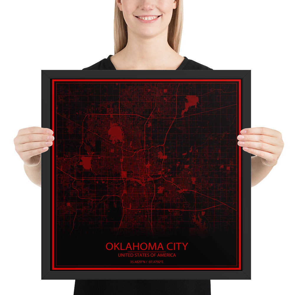 Oklahoma City Black and Red Framed Map