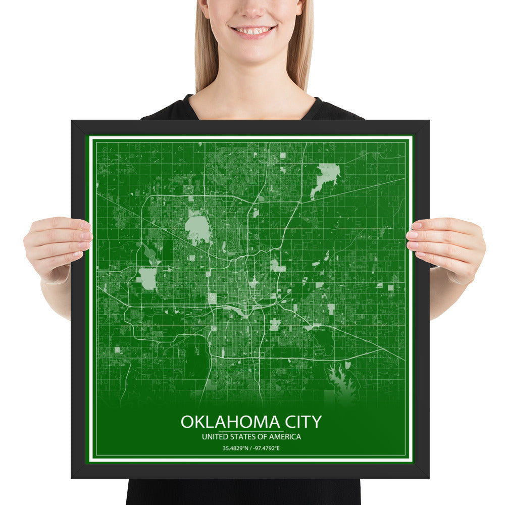 Oklahoma City Green and White Framed Map