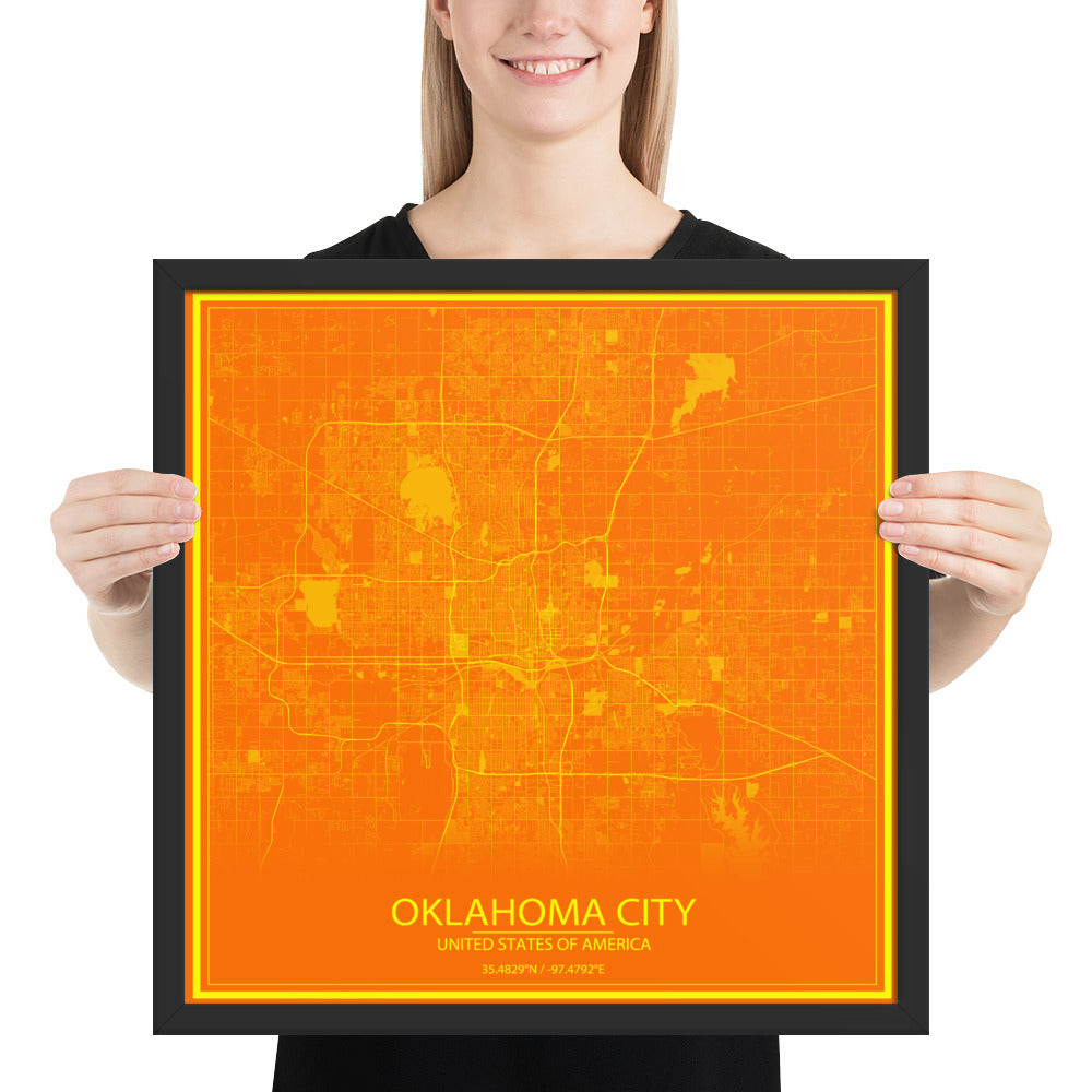 Oklahoma City Orange and Yellow Framed Map