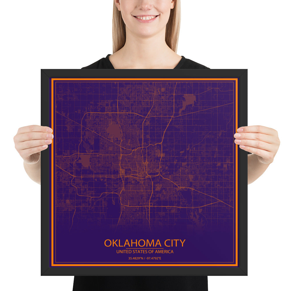 Oklahoma City Purple and Orange Framed Map