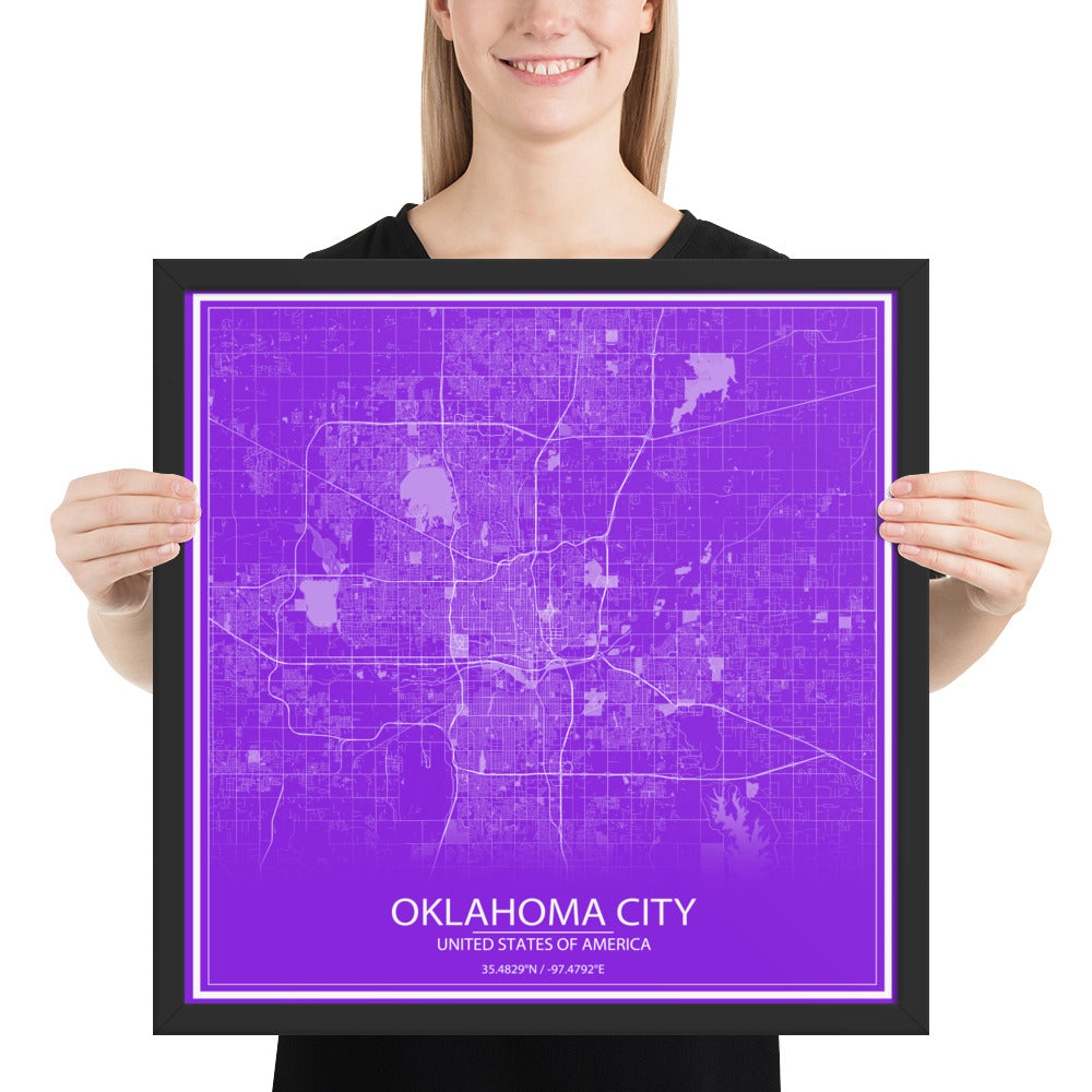 Oklahoma City Purple and White Framed Map