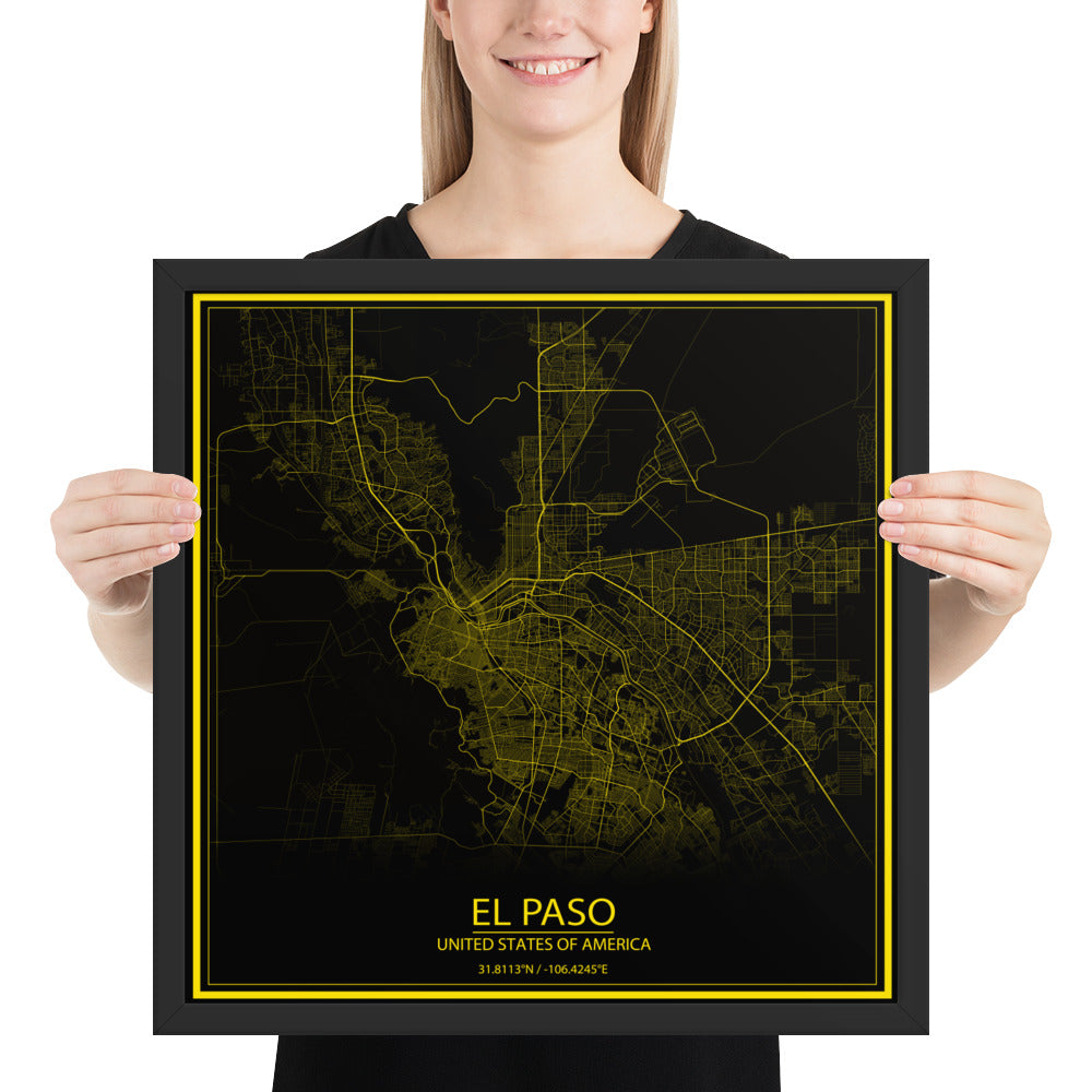 El Paso Black and Yellow Framed Map