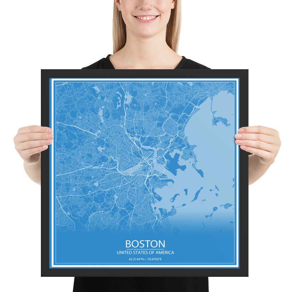 Boston Blue and White Framed Map