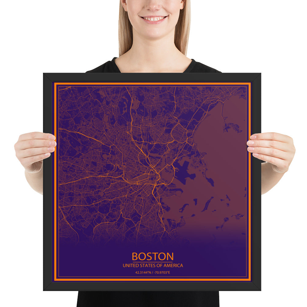 Boston Purple and Orange Framed Map