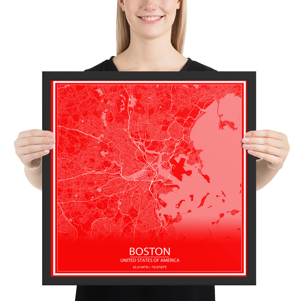 Boston Red and White Framed Map