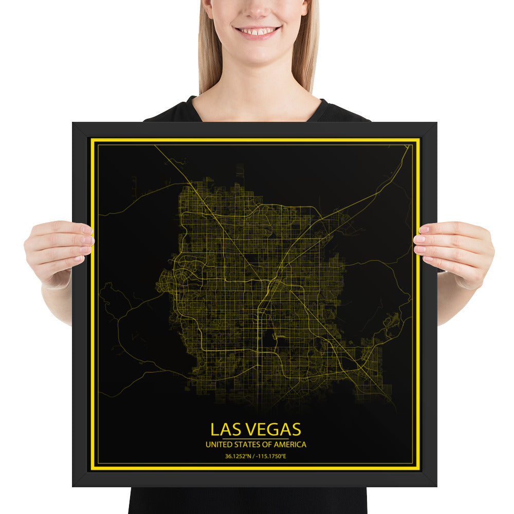 Las Vegas Black and Yellow Framed Map