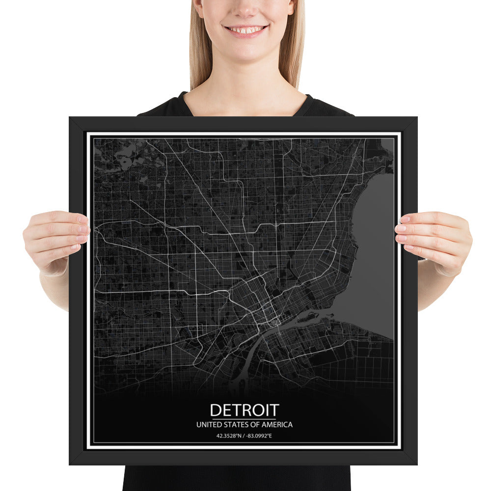 Detroit Black Framed Map