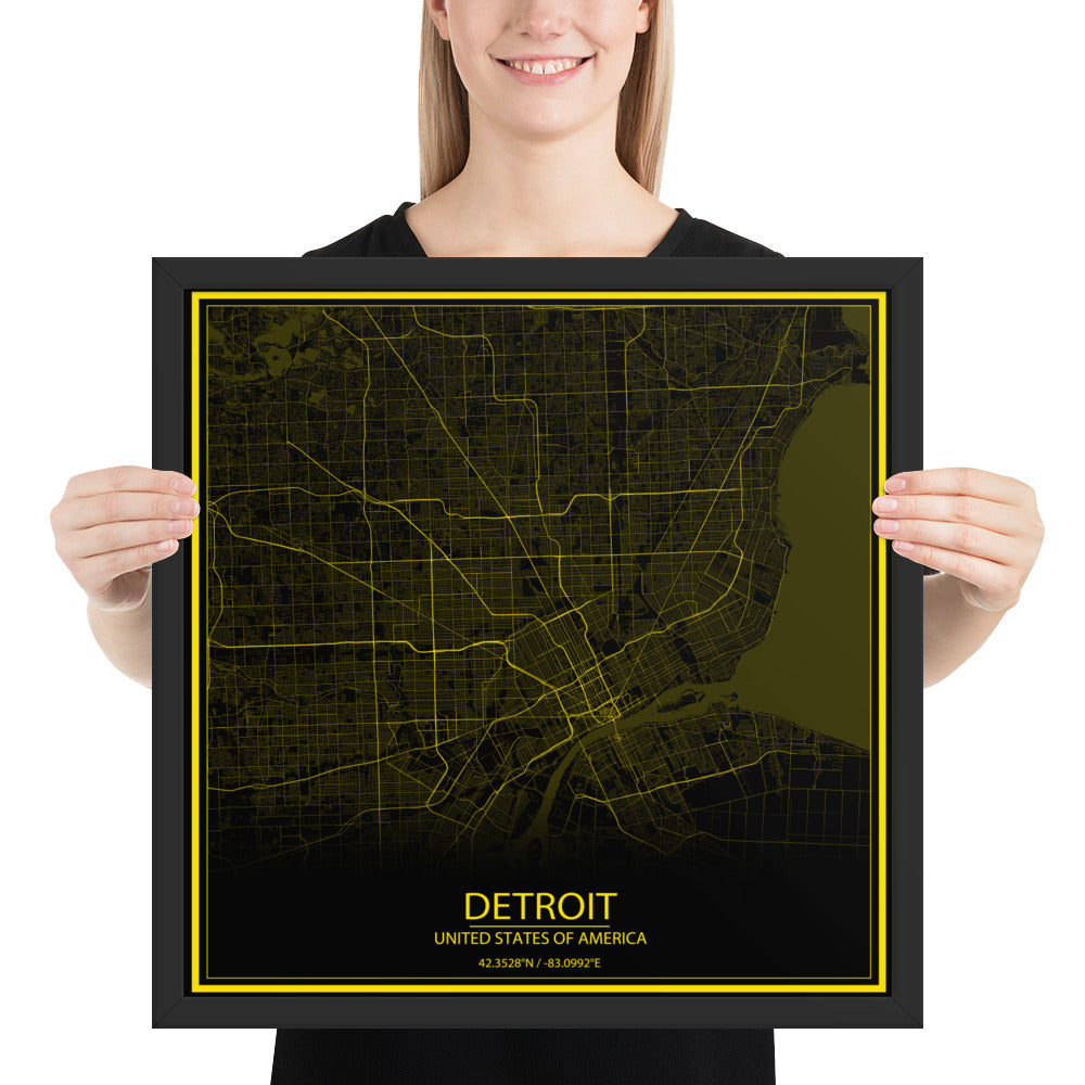 Detroit Black and Yellow Framed Map