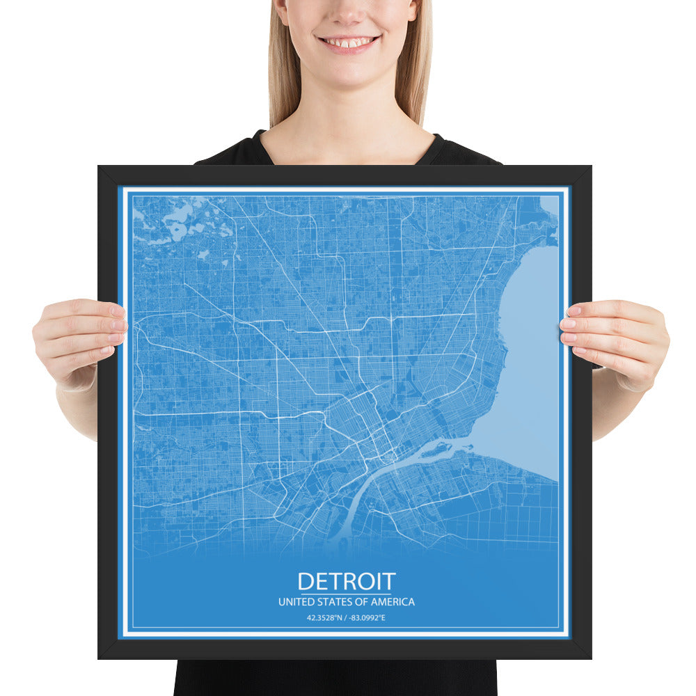 Detroit Blue and White Framed Map