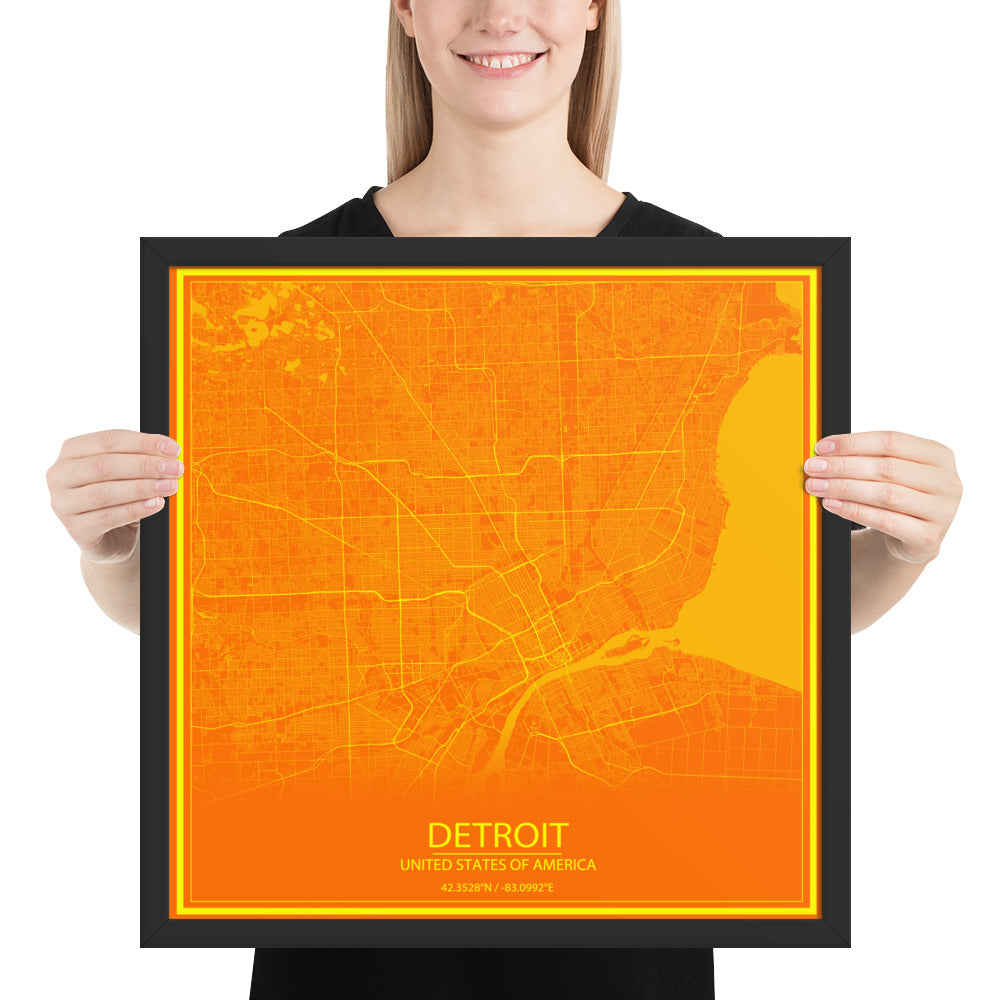 Detroit Orange and Yellow Framed Map