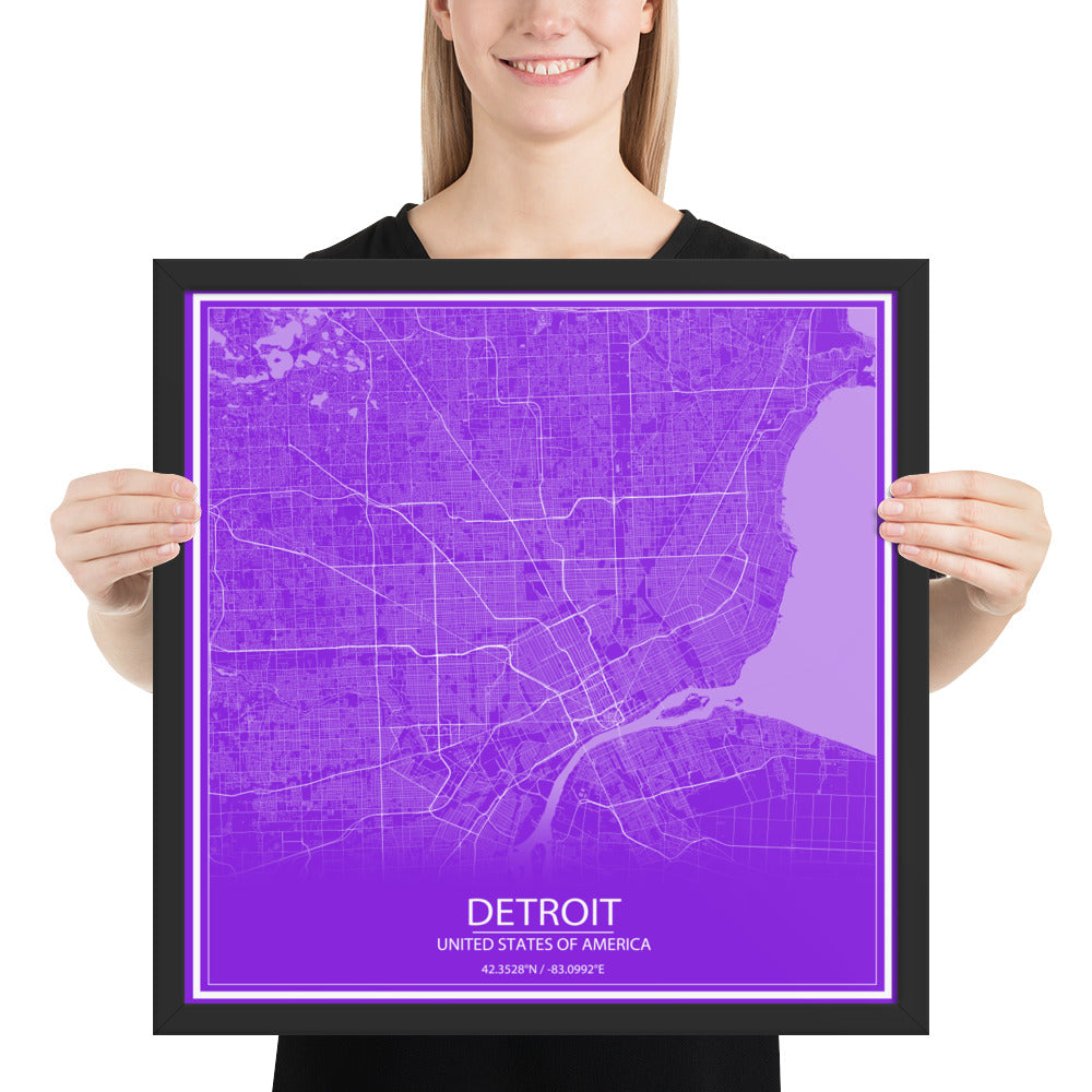 Detroit Purple and White Framed Map