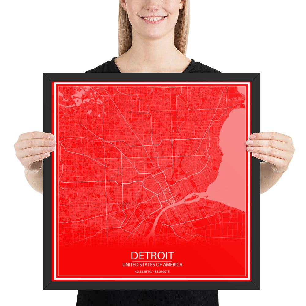 Detroit Red and White Framed Map