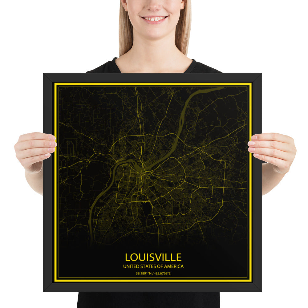 Louisville Black and Yellow Framed Map