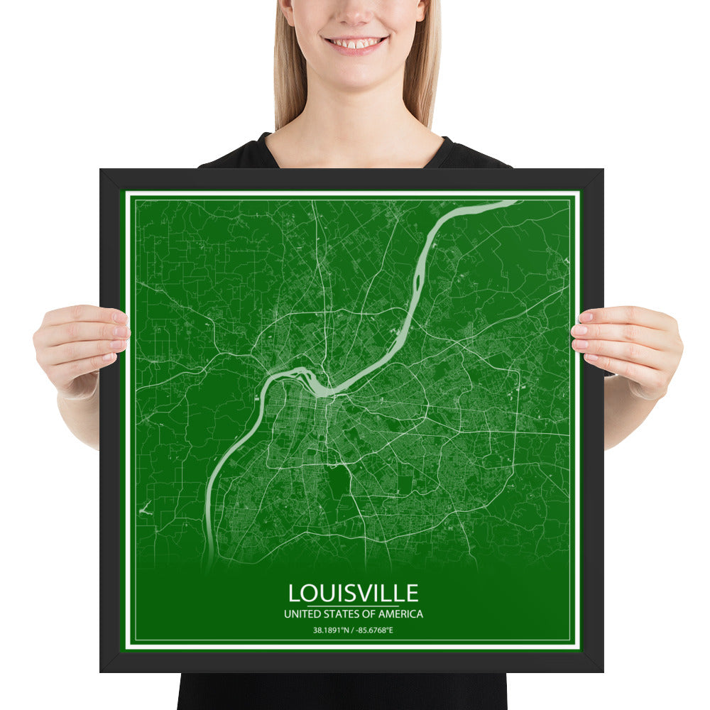 Louisville Green and White Framed Map