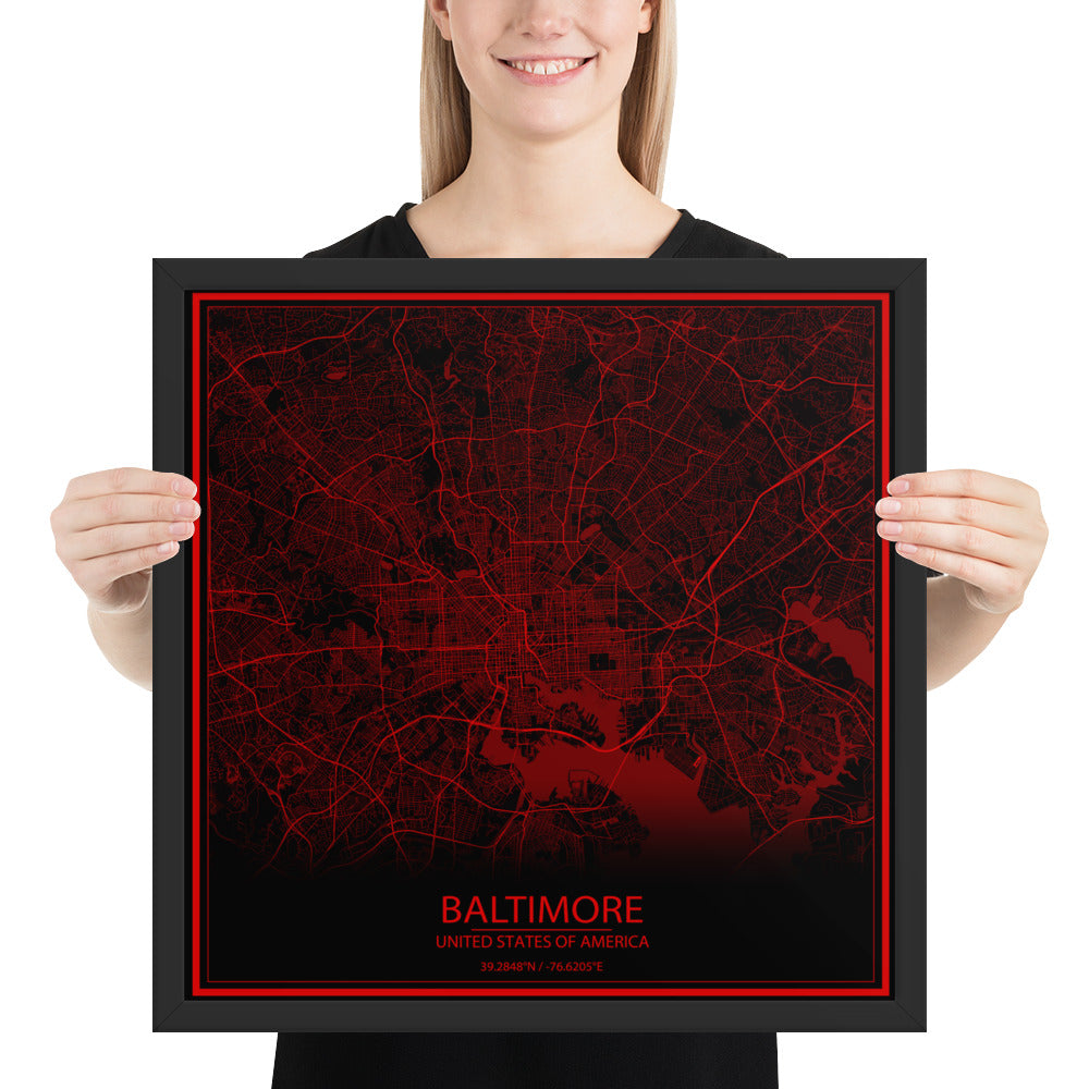 Baltimore Black and Red Framed Map