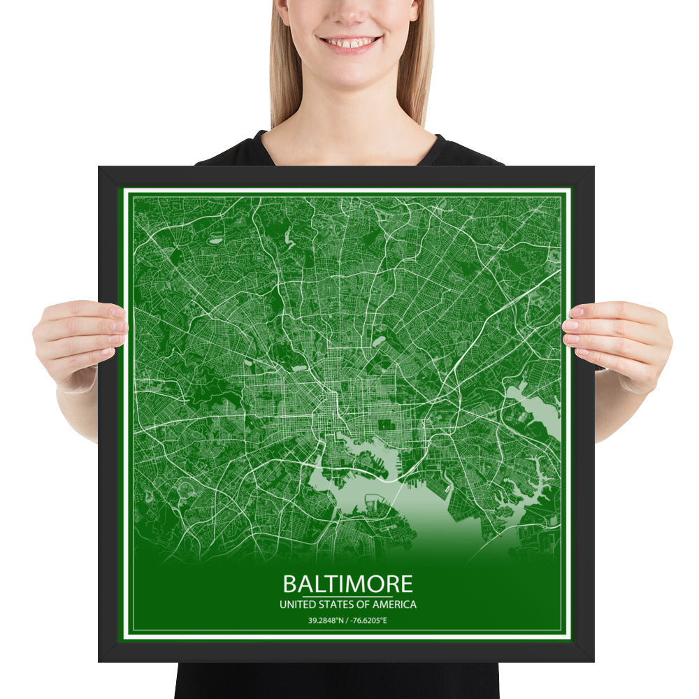 Baltimore Green and White Framed Map