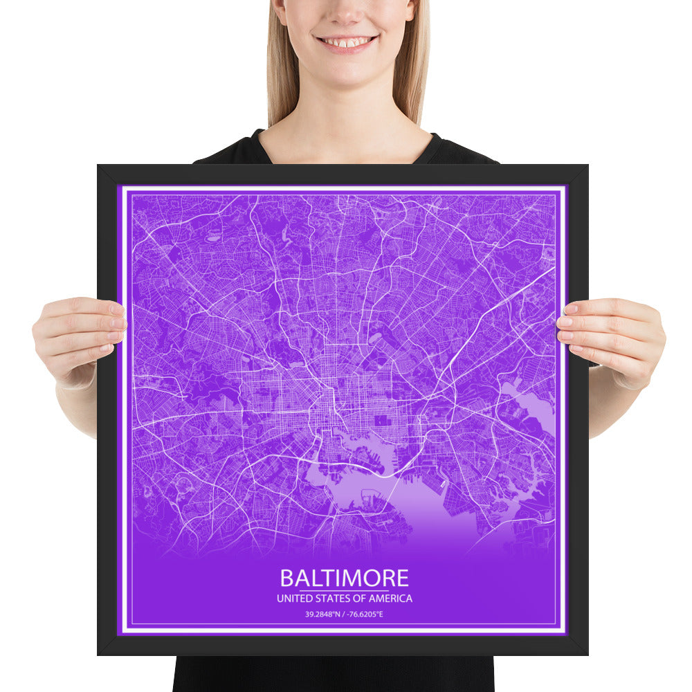 Baltimore Purple and White Framed Map