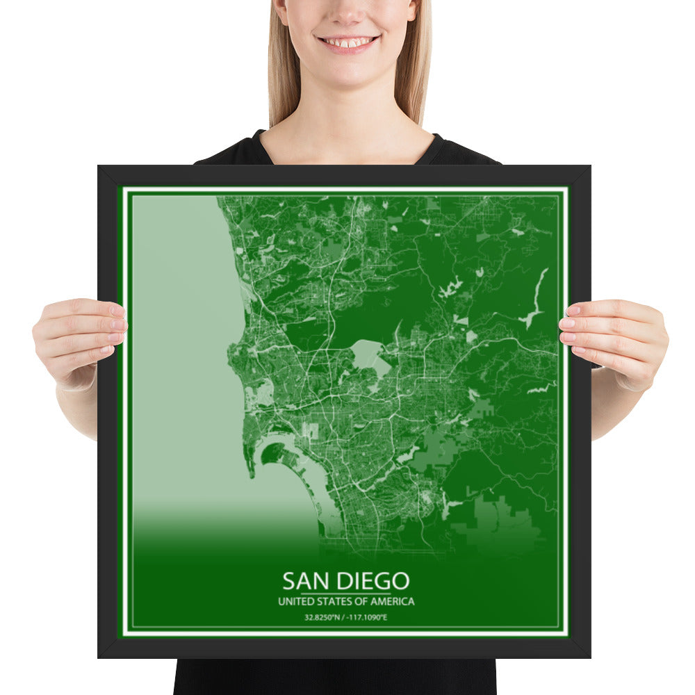 San Diego Green and White Framed Map