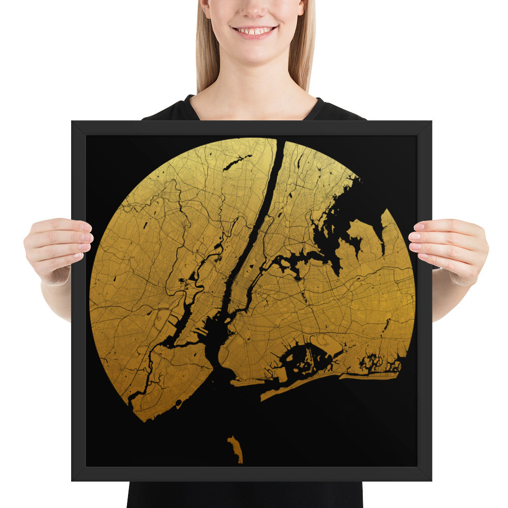 New York Gold on Black Framed Map