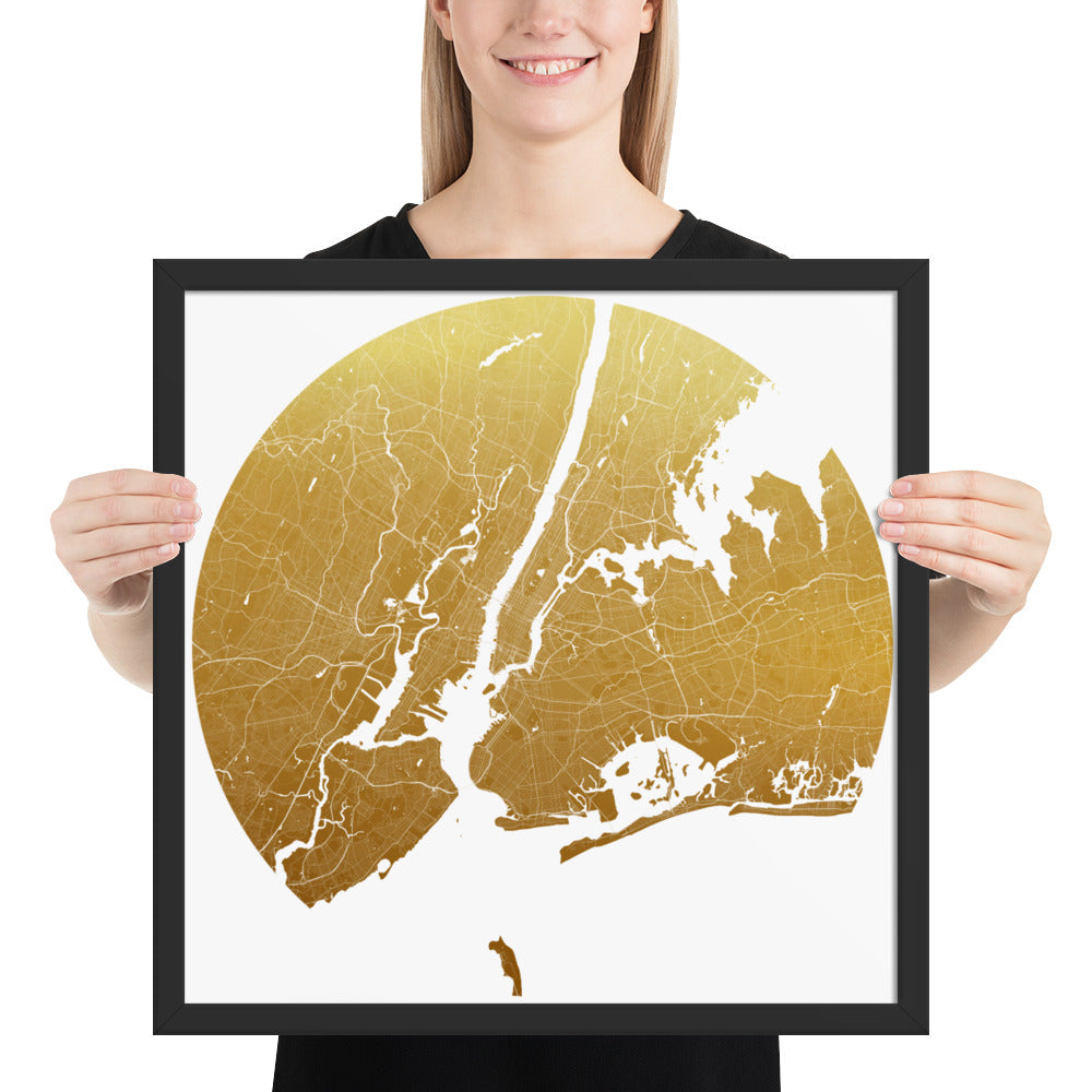 New York Gold on White Framed Map