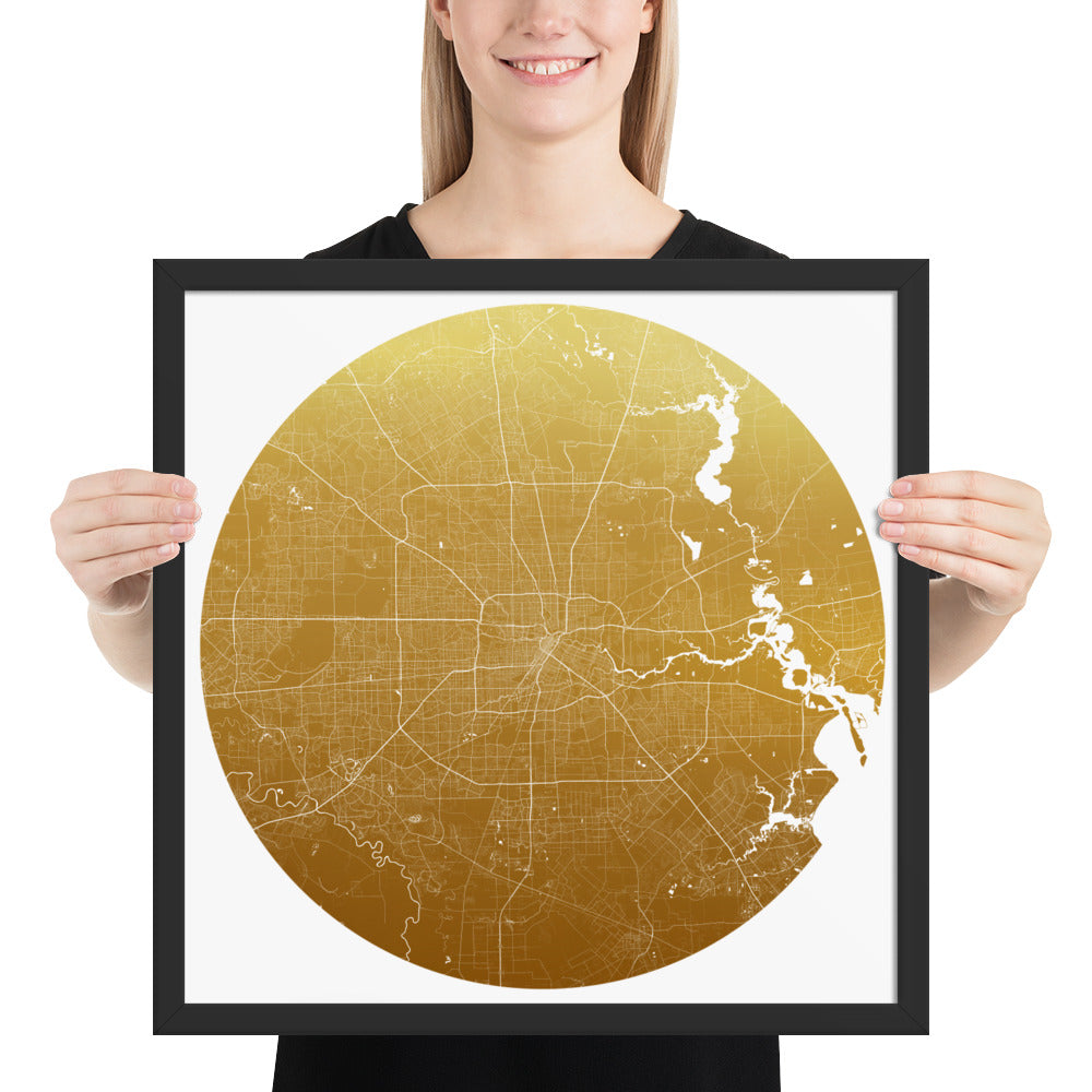 Houston Gold on White Framed Map