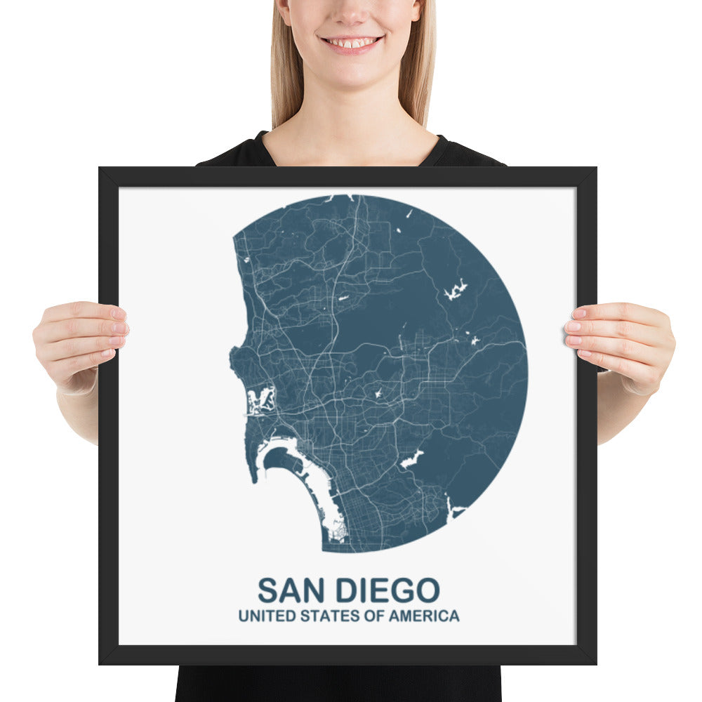 San Diego Circular Blue Framed Map