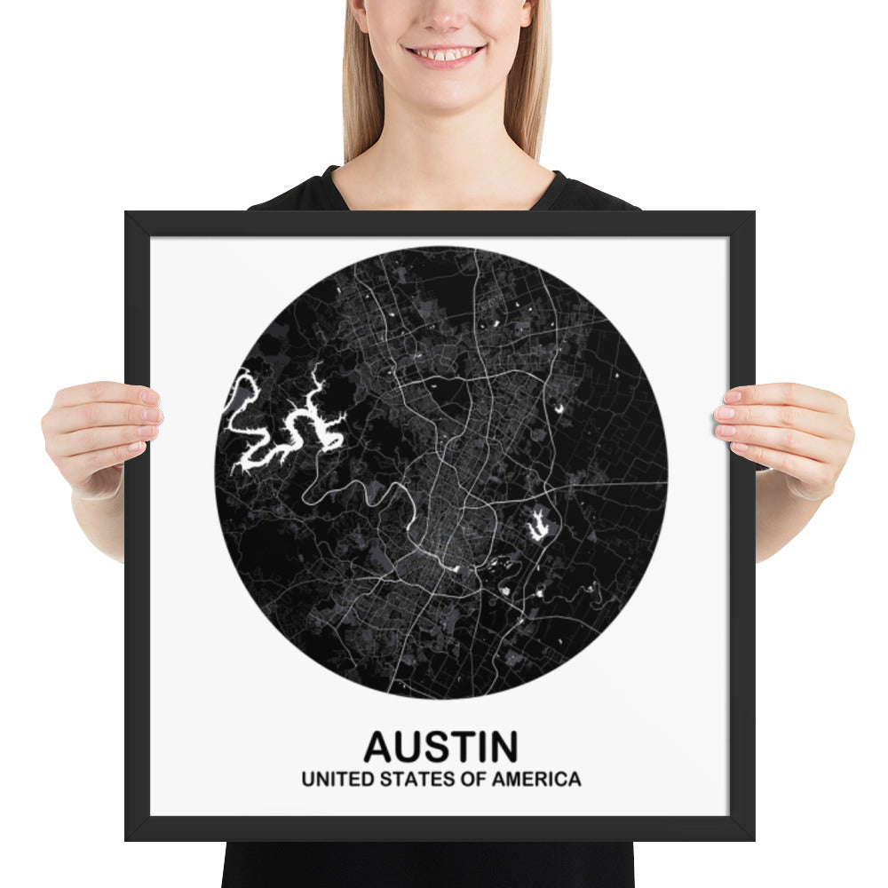 Austin Circular Black Framed Map