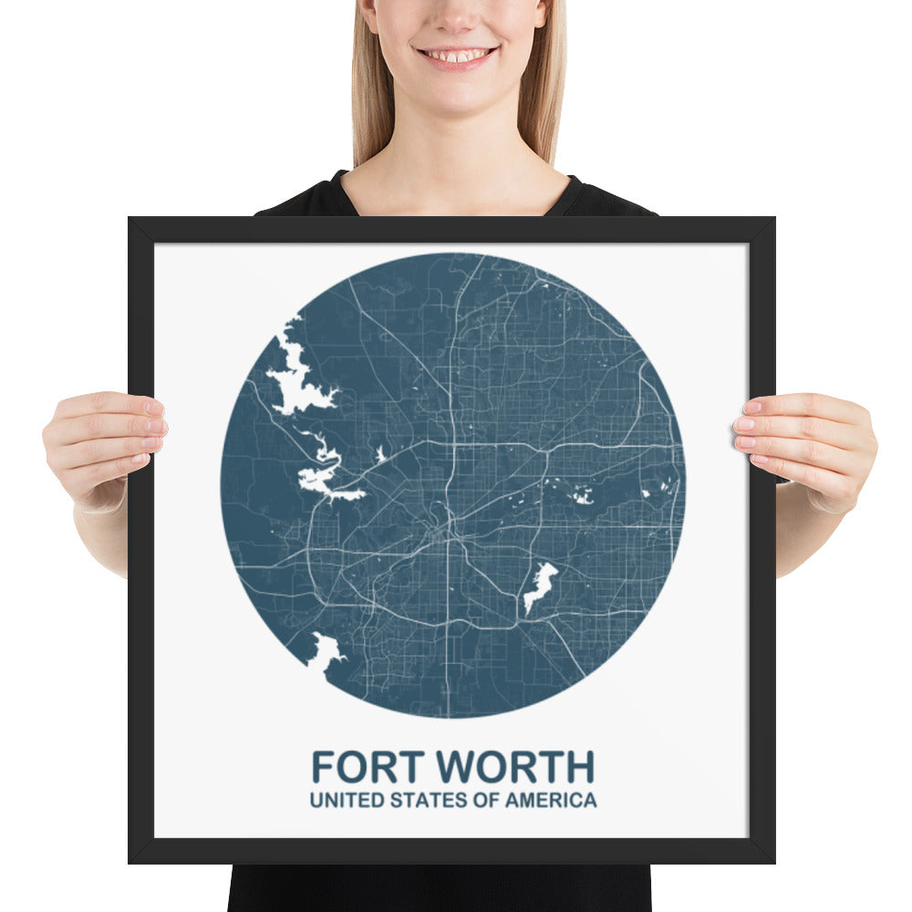 Fort Worth Circular Blue Framed Map