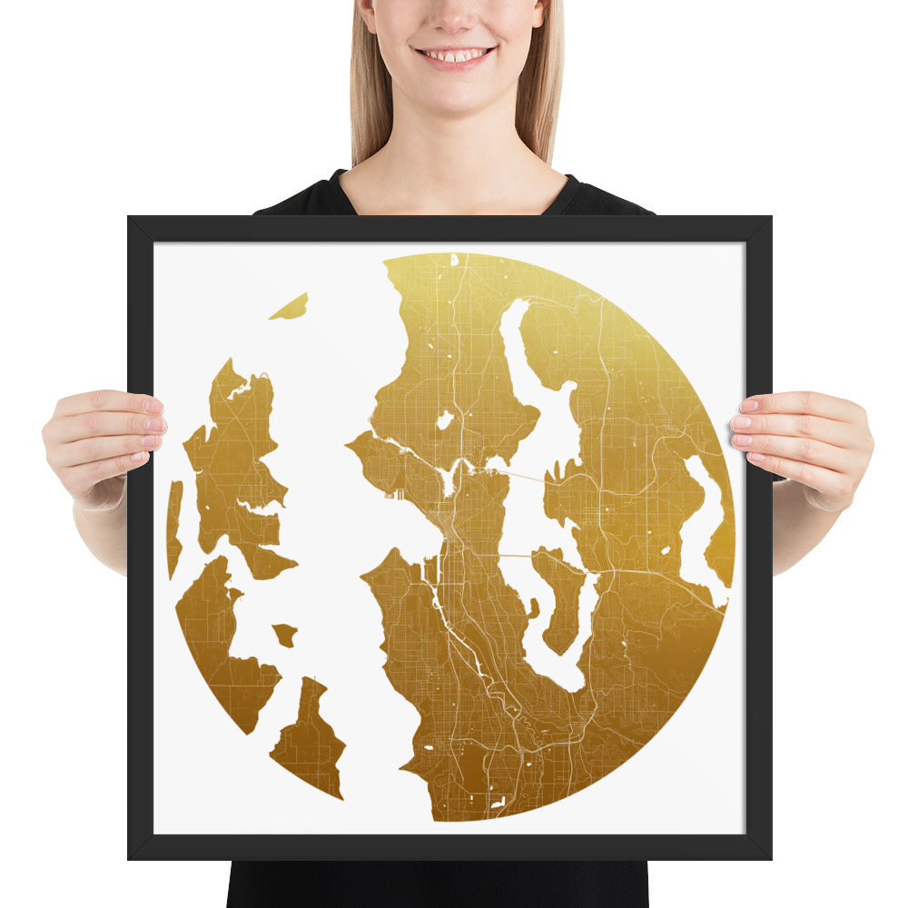 Seattle Gold on White Framed Map