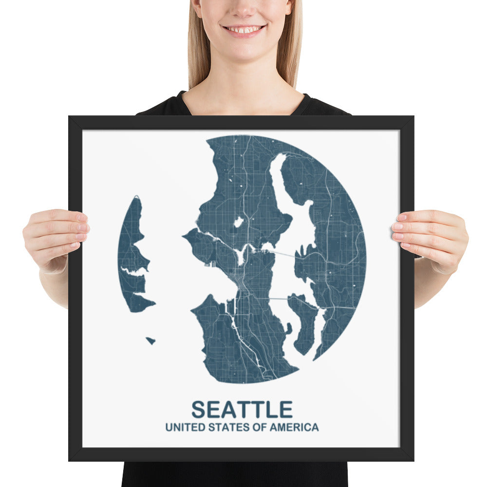 Seattle Circular Blue Framed Map